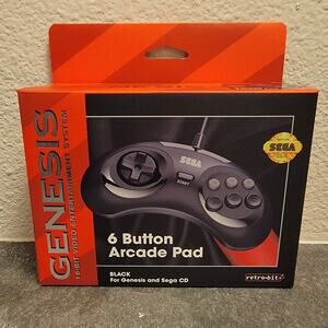 Genesis 6-Button Arcade Pad, Black (NEW) w/ 10-Ft Cable - Retro-Bit - SEGA